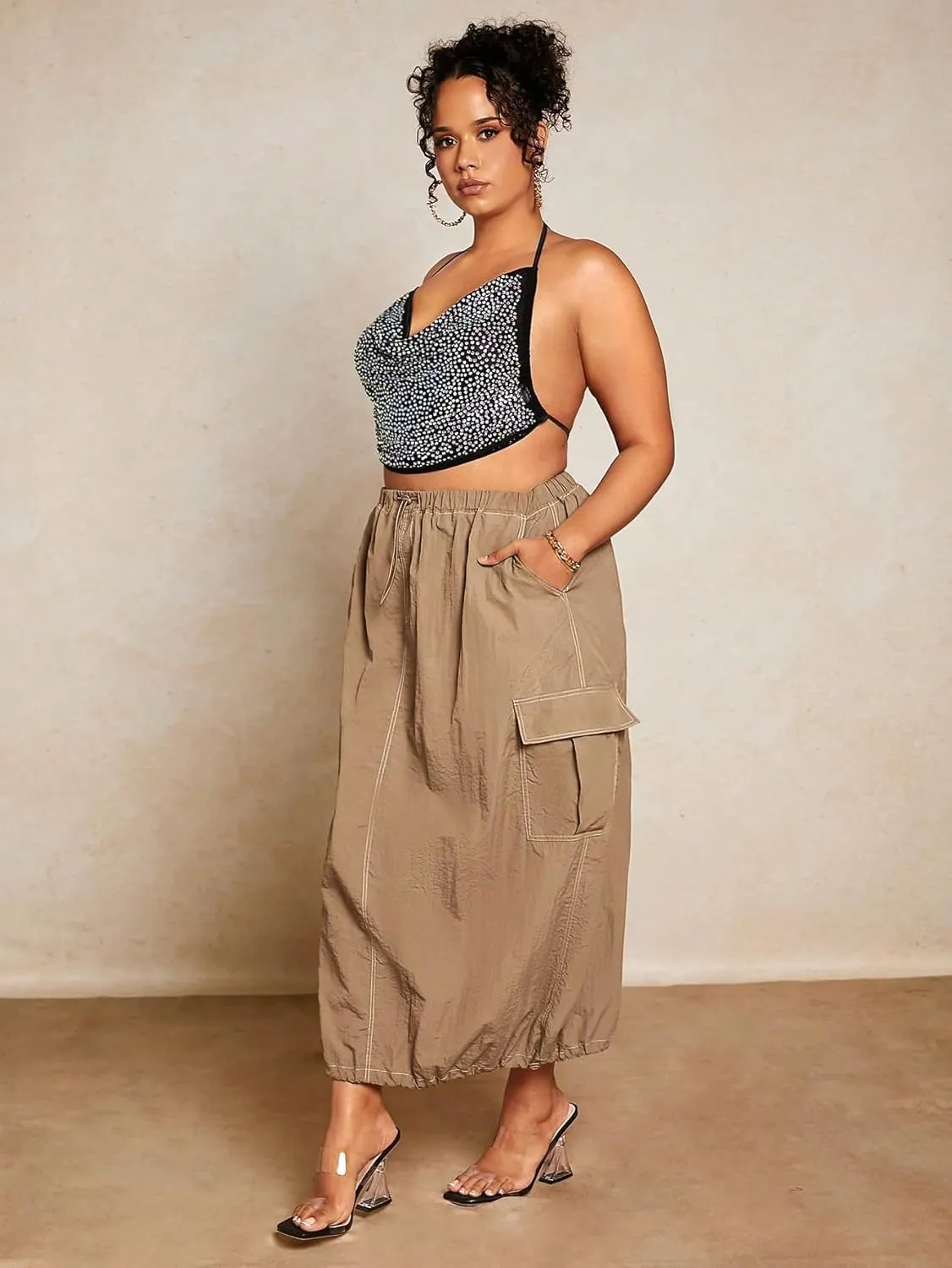 Verdusa Women's Plus Size Drawstring Waist Pocket Side Long Cargo Skirt