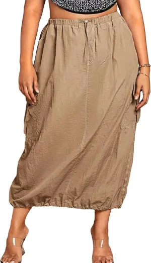 Verdusa Women's Plus Size Drawstring Waist Pocket Side Long Cargo Skirt
