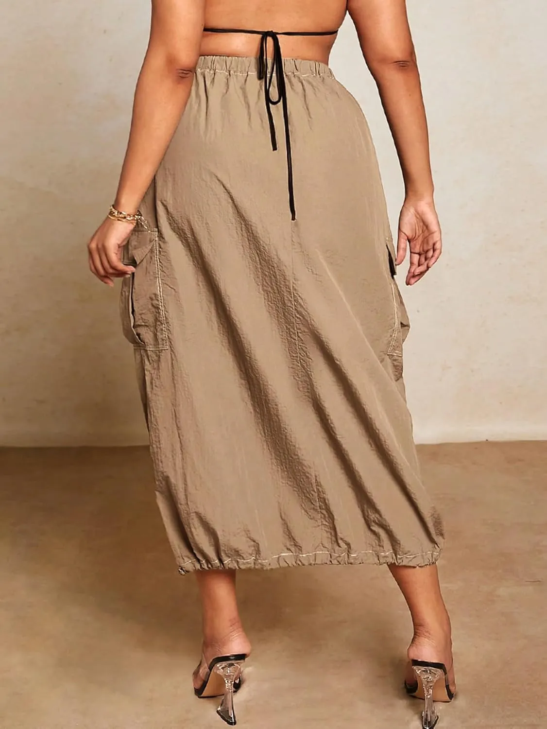 Verdusa Women's Plus Size Drawstring Waist Pocket Side Long Cargo Skirt