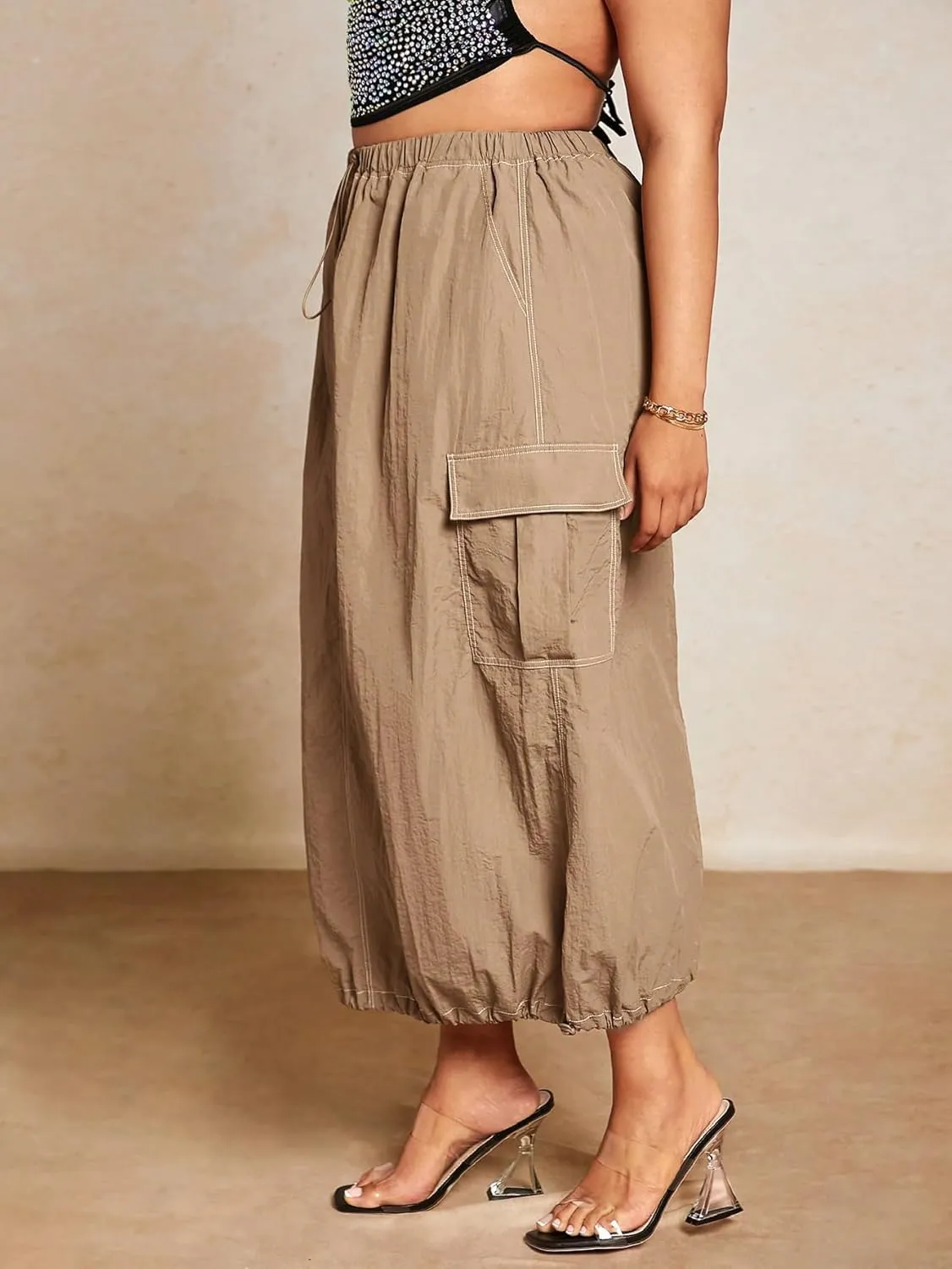 Verdusa Women's Plus Size Drawstring Waist Pocket Side Long Cargo Skirt