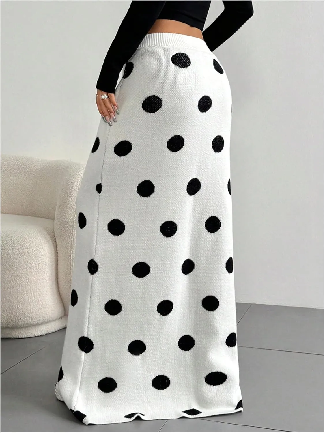 Verdusa Women's Polka Dots Maxi Skirt Elastic High Waist Sweater Long Skirt