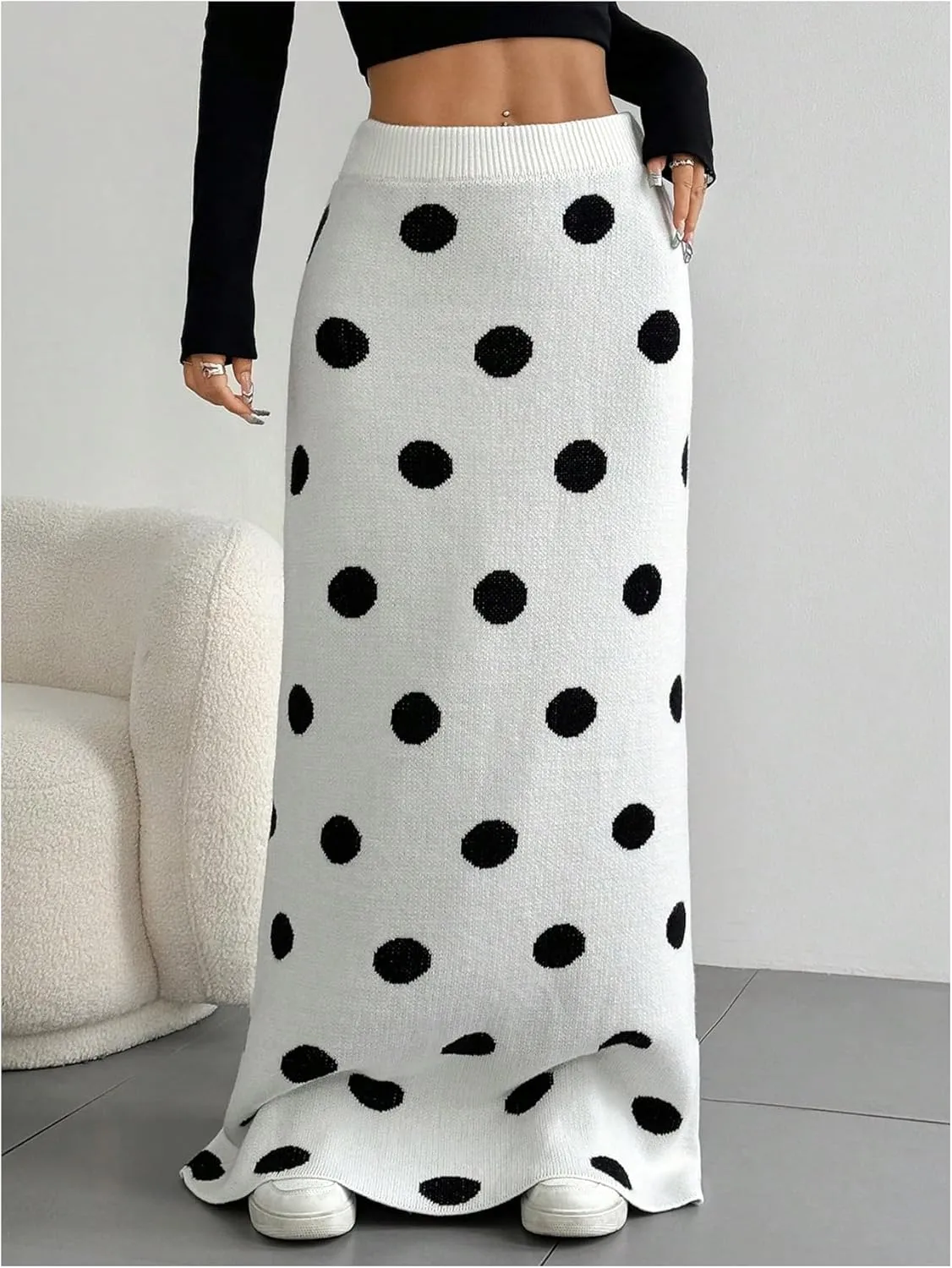 Verdusa Women's Polka Dots Maxi Skirt Elastic High Waist Sweater Long Skirt