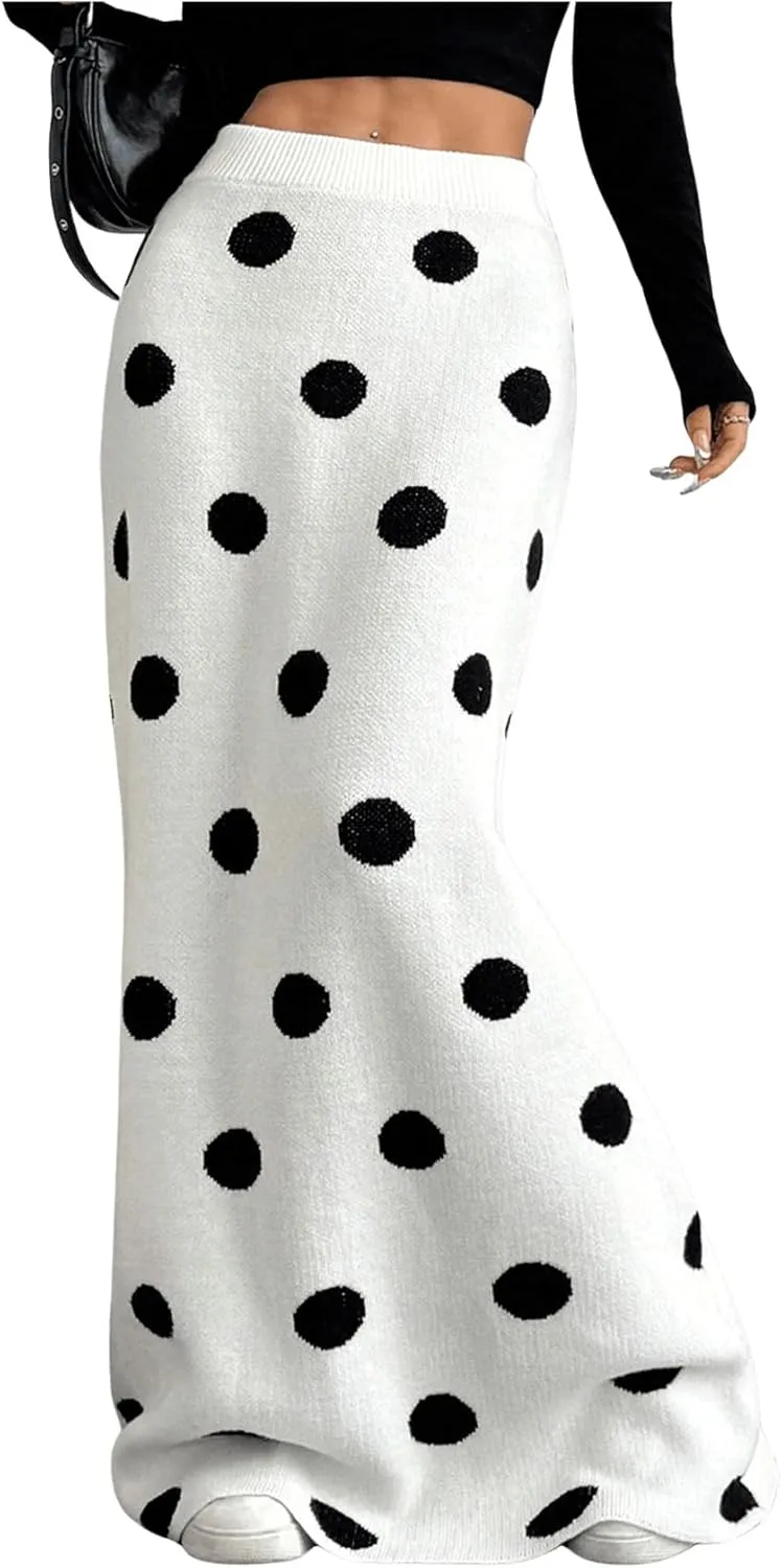 Verdusa Women's Polka Dots Maxi Skirt Elastic High Waist Sweater Long Skirt