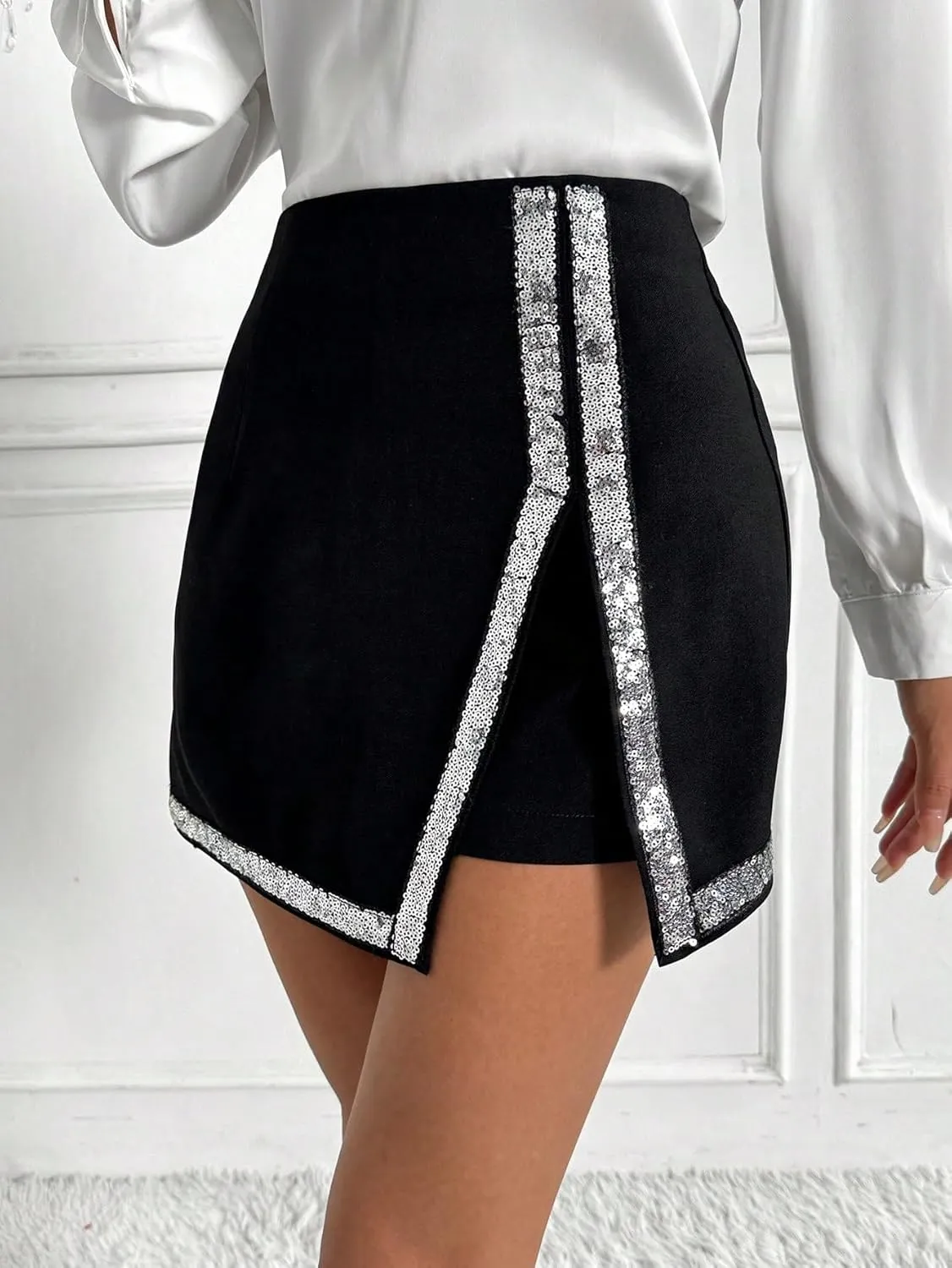 Verdusa Women's Sequin Sparkle High Waisted Asymmetrical Wrap Skort Shorts