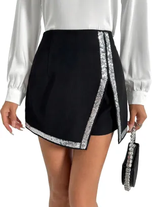 Verdusa Women's Sequin Sparkle High Waisted Asymmetrical Wrap Skort Shorts