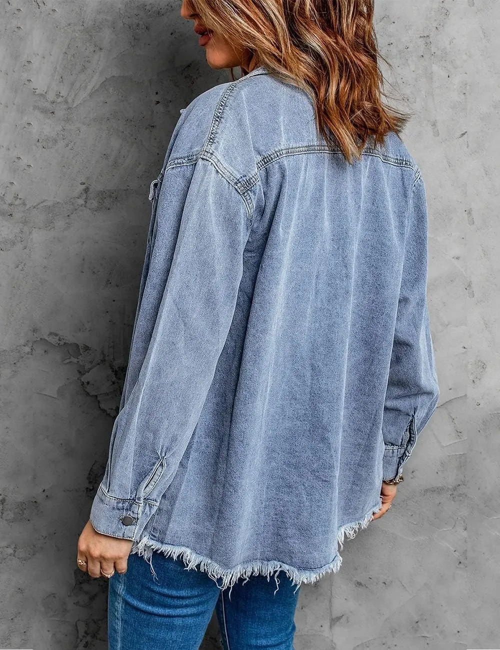 Vetinee Womens Oversized Button Up Frayed Hem Shacket Long Sleeve Pockets Denim Jean Jacket