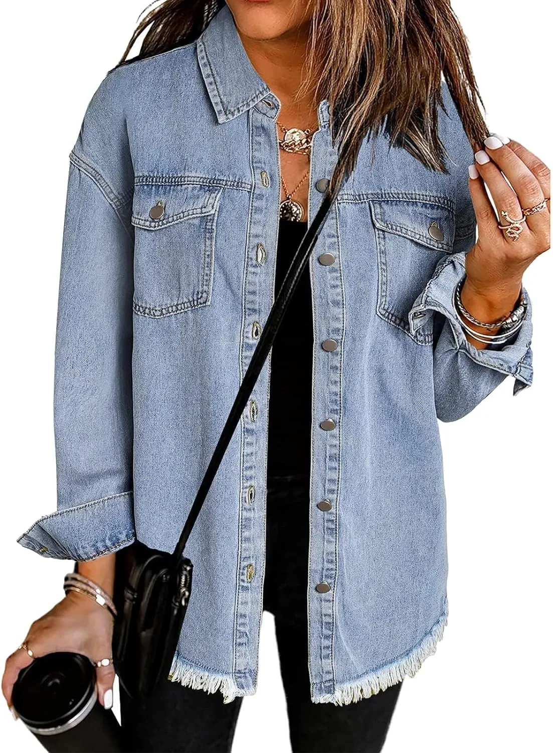 Vetinee Womens Oversized Button Up Frayed Hem Shacket Long Sleeve Pockets Denim Jean Jacket
