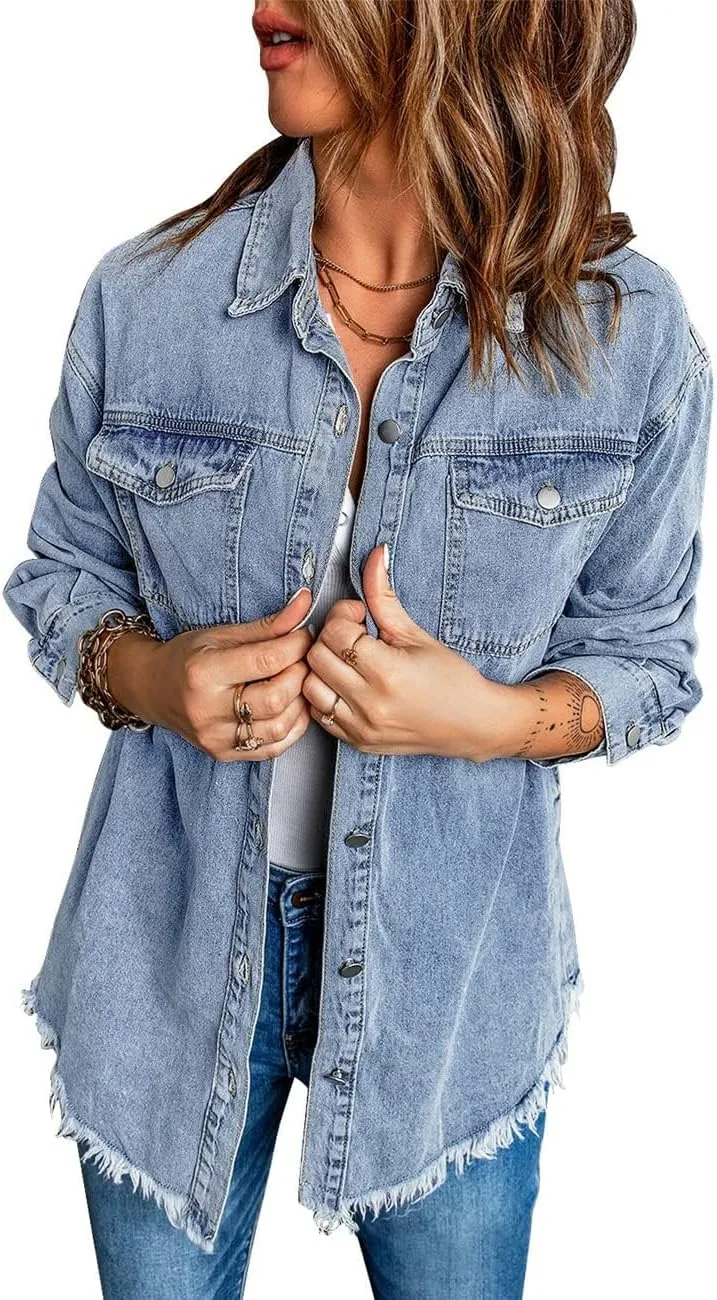 Vetinee Womens Oversized Button Up Frayed Hem Shacket Long Sleeve Pockets Denim Jean Jacket