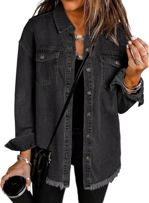 Vetinee Womens Oversized Button Up Frayed Hem Shacket Long Sleeve Pockets Denim Jean Jacket
