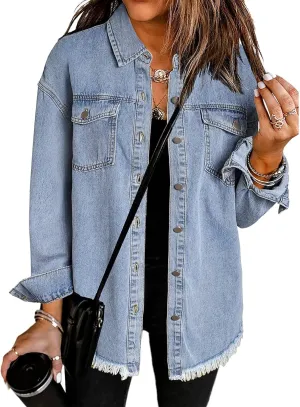 Vetinee Womens Oversized Button Up Frayed Hem Shacket Long Sleeve Pockets Denim Jean Jacket