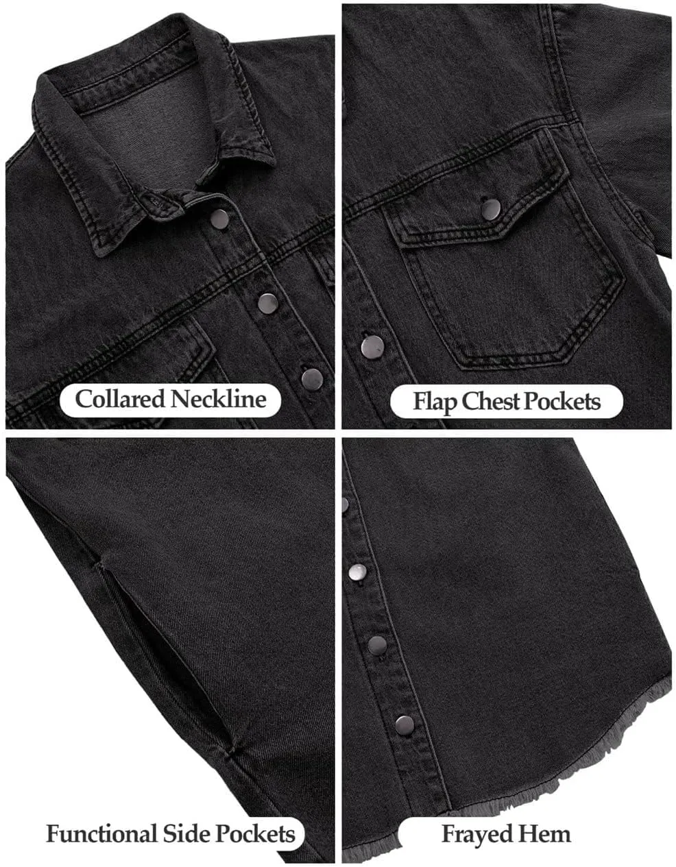 Vetinee Womens Oversized Button Up Frayed Hem Shacket Long Sleeve Pockets Denim Jean Jacket