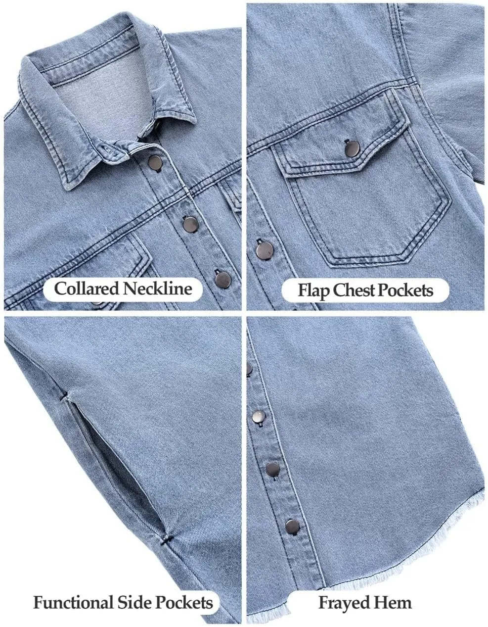 Vetinee Womens Oversized Button Up Frayed Hem Shacket Long Sleeve Pockets Denim Jean Jacket