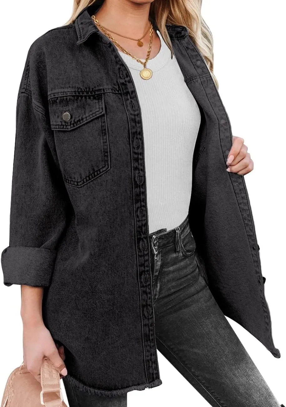 Vetinee Womens Oversized Button Up Frayed Hem Shacket Long Sleeve Pockets Denim Jean Jacket