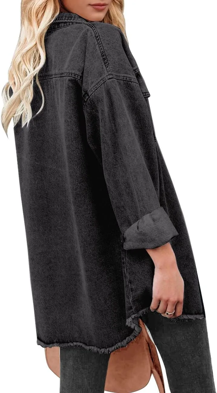 Vetinee Womens Oversized Button Up Frayed Hem Shacket Long Sleeve Pockets Denim Jean Jacket
