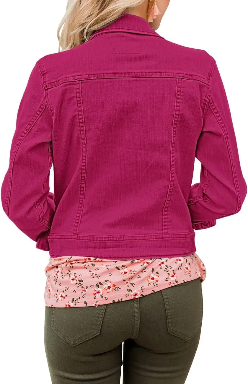 Vetinee Womens Stretch Button Down Long Sleeve Pockets Denim Jean Trucker Jacket