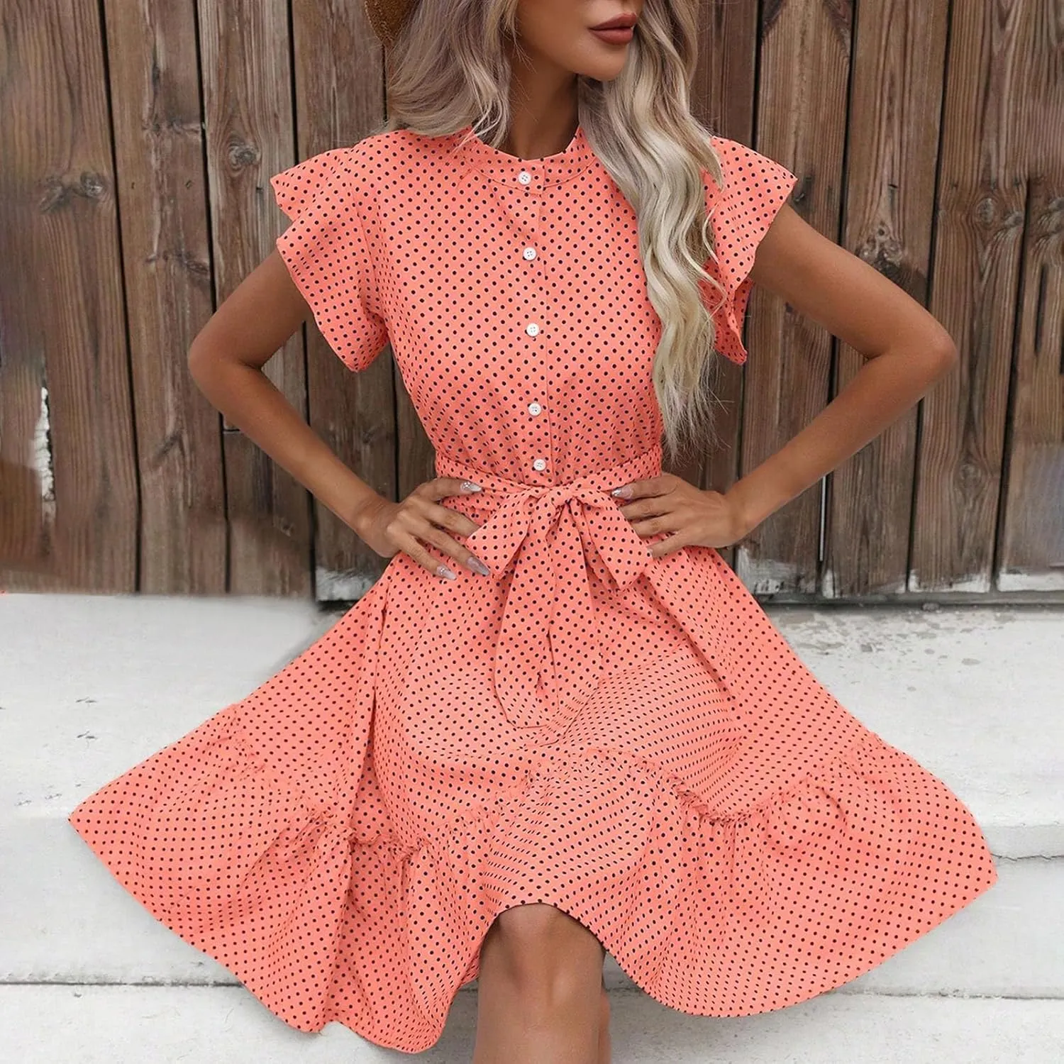 Vintage Mini Dress for Women Button Down Mock Neck Flutter Sleeve Polka Dots A Line Tea Party Dresses with Belts