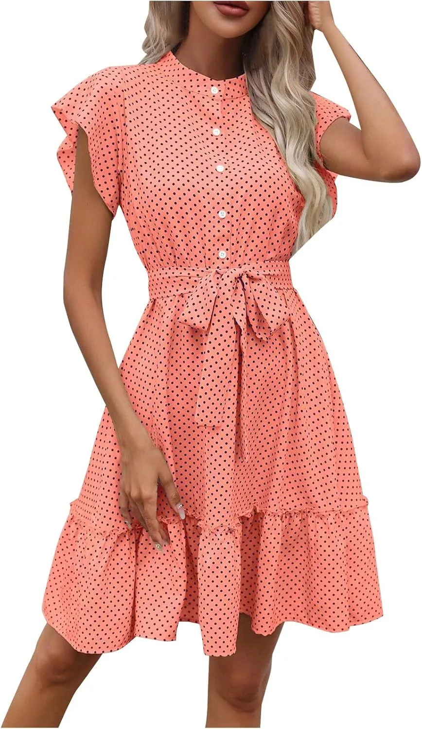 Vintage Mini Dress for Women Button Down Mock Neck Flutter Sleeve Polka Dots A Line Tea Party Dresses with Belts