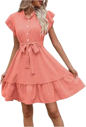Vintage Mini Dress for Women Button Down Mock Neck Flutter Sleeve Polka Dots A Line Tea Party Dresses with Belts
