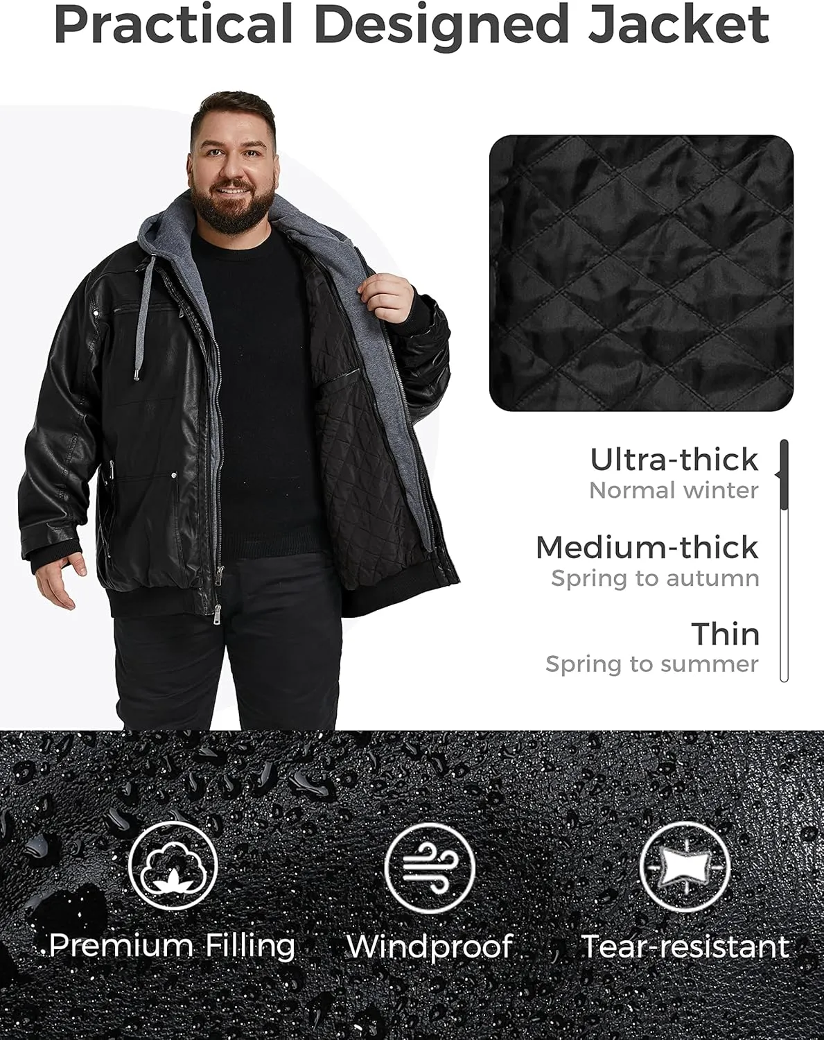 wantdo Men's Big and Tall PU Faux Leather Jacket Zip-Up Motorcycle Bomer Jacket Casual Winter Coat with Removable Hood