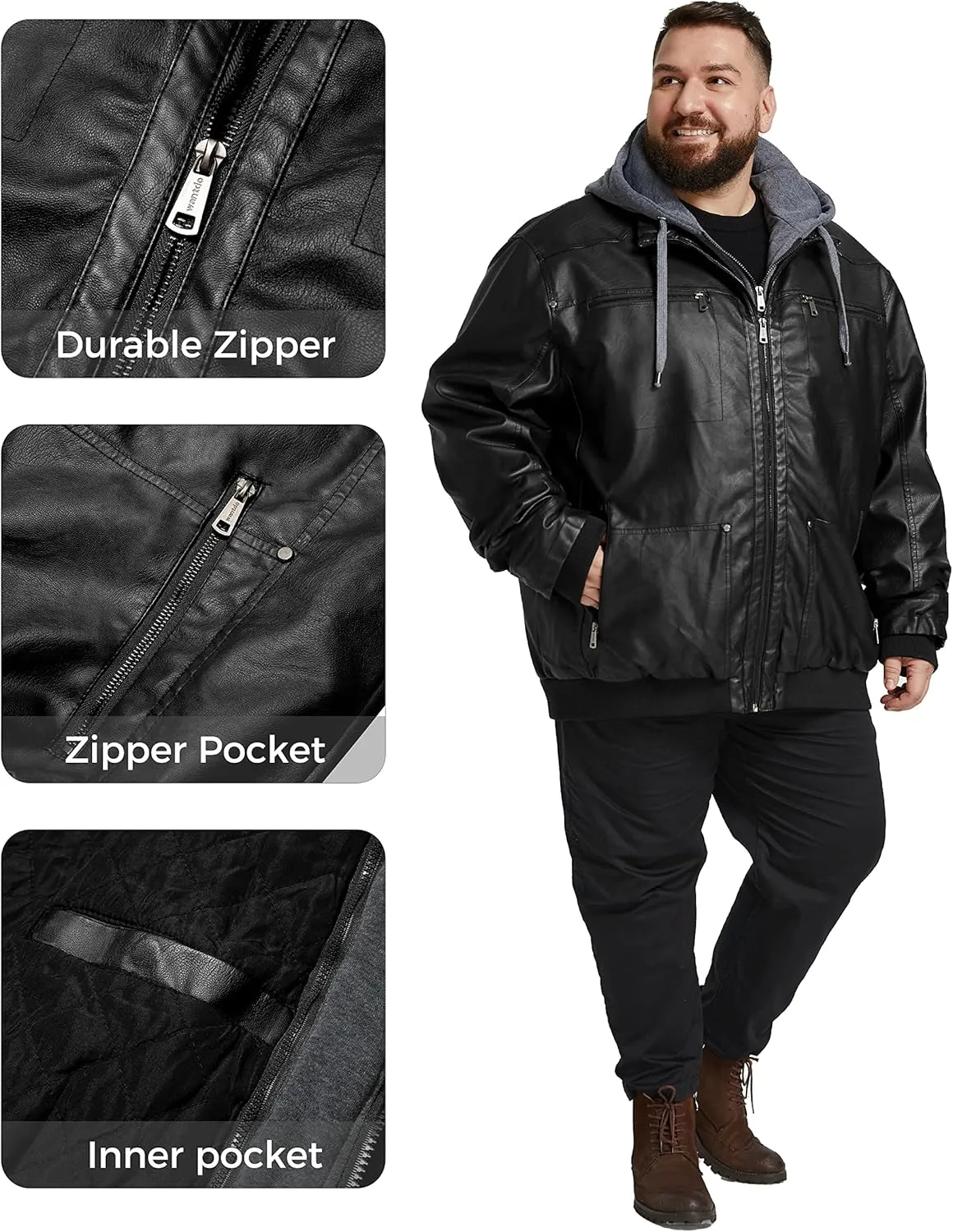 wantdo Men's Big and Tall PU Faux Leather Jacket Zip-Up Motorcycle Bomer Jacket Casual Winter Coat with Removable Hood