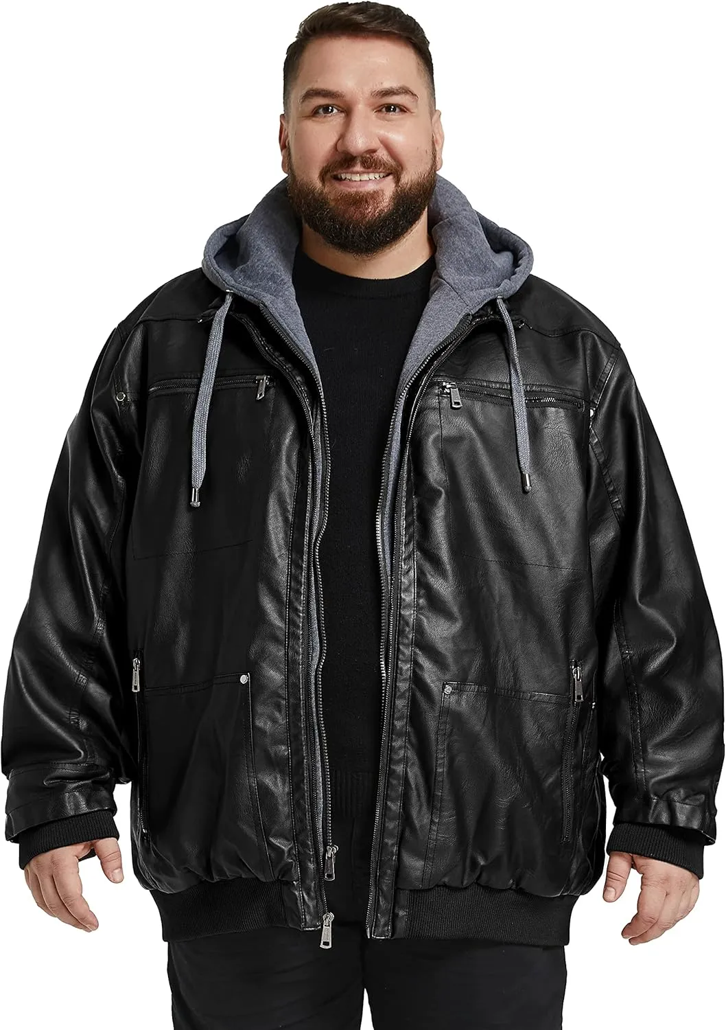 wantdo Men's Big and Tall PU Faux Leather Jacket Zip-Up Motorcycle Bomer Jacket Casual Winter Coat with Removable Hood
