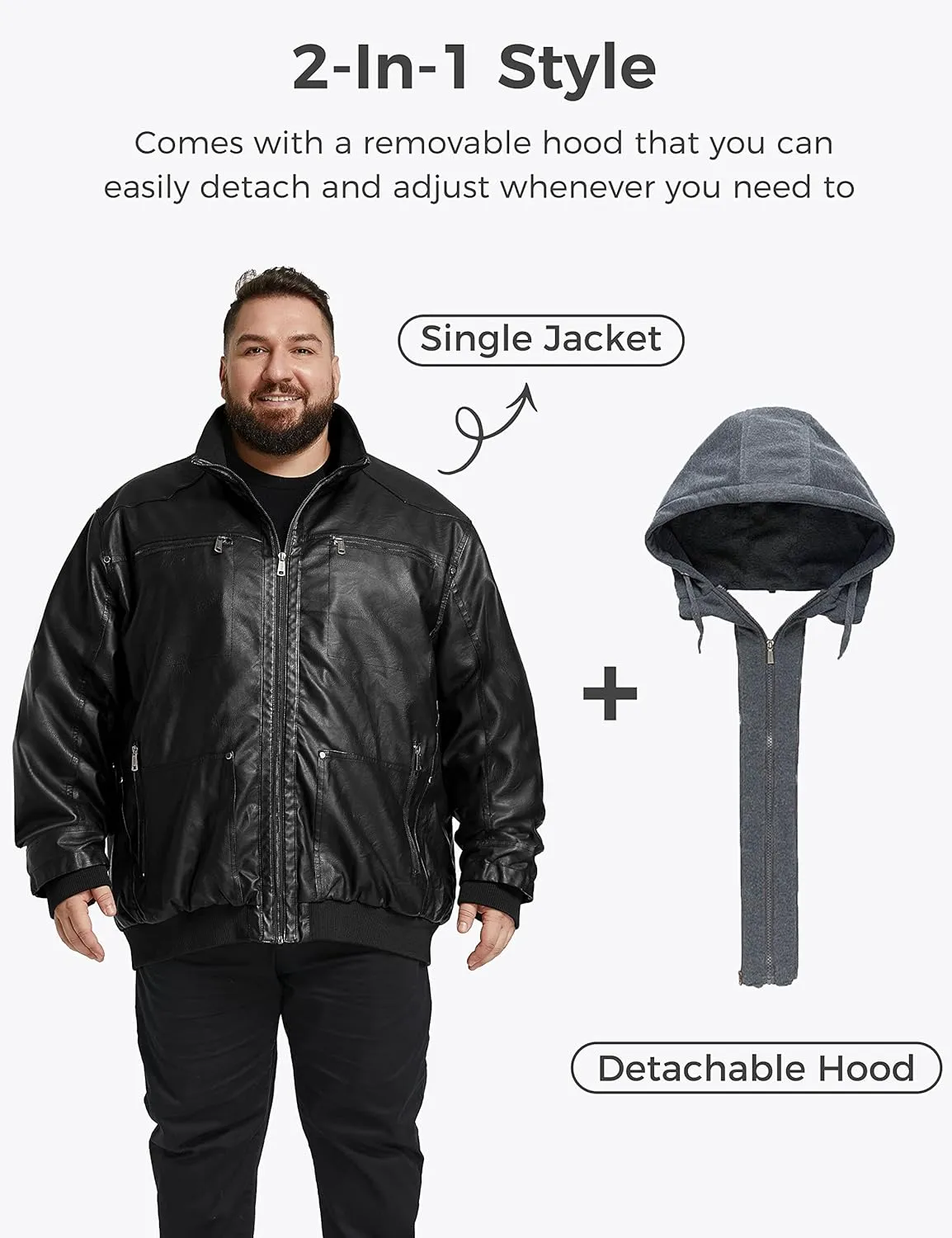 wantdo Men's Big and Tall PU Faux Leather Jacket Zip-Up Motorcycle Bomer Jacket Casual Winter Coat with Removable Hood