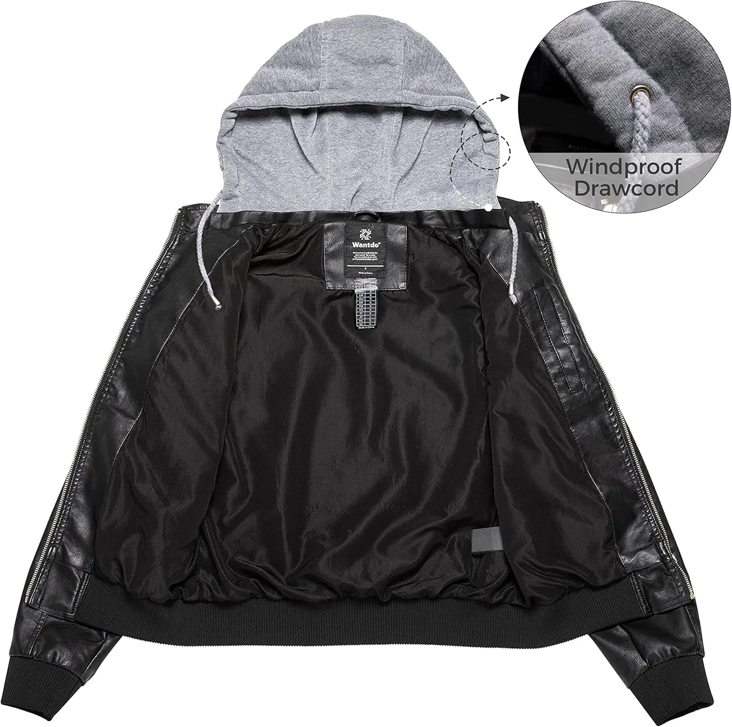wantdo Women's Lightweight Leather Jacket Casual Motorcycle PU Biker Coat with Removable Hood