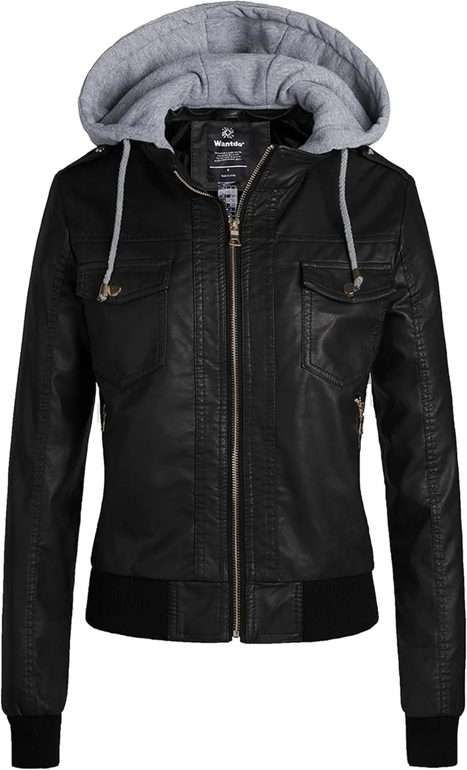 wantdo Women's Lightweight Leather Jacket Casual Motorcycle PU Biker Coat with Removable Hood