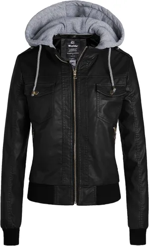 wantdo Women's Lightweight Leather Jacket Casual Motorcycle PU Biker Coat with Removable Hood