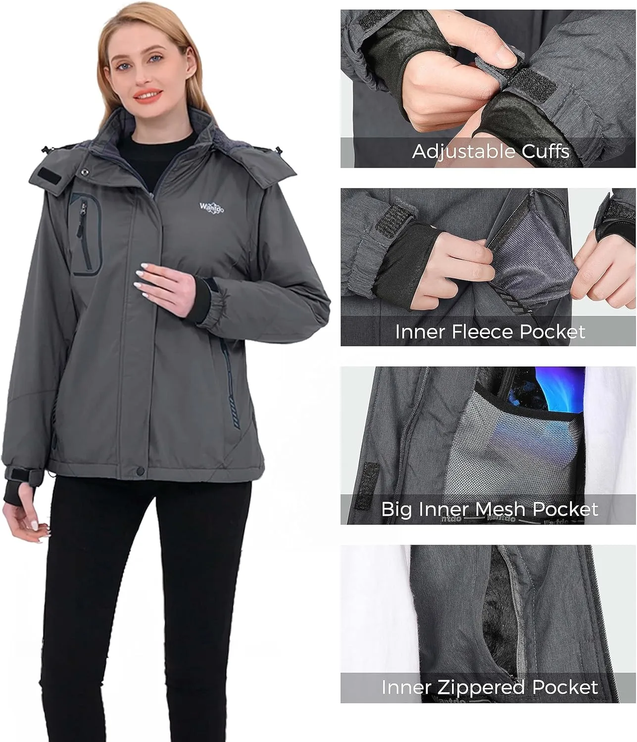 wantdo Women's Mountain Waterproof Ski Jacket Windproof Rain Jacket Winter Warm Hooded Coat