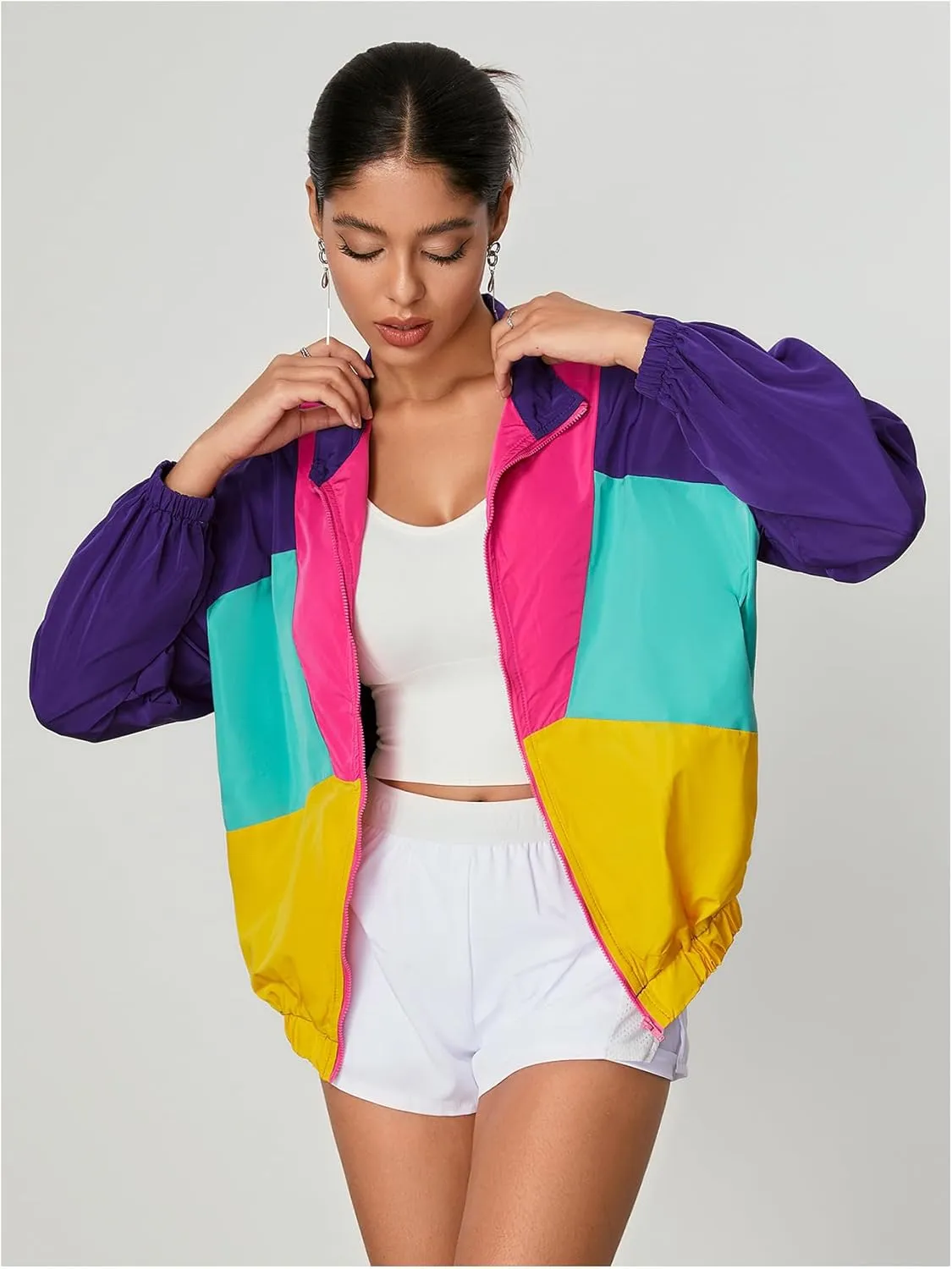WDIRARA Women's Color Block Zip Up Lightweight Jacket Patchwork Sporty Windbreaker Jacket