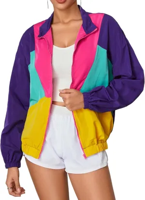 WDIRARA Women's Color Block Zip Up Lightweight Jacket Patchwork Sporty Windbreaker Jacket