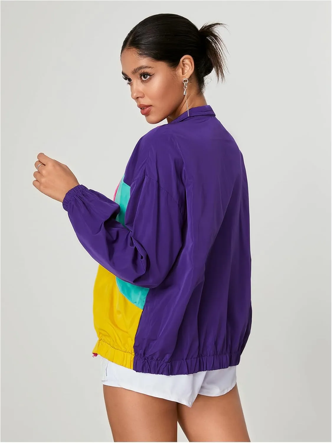 WDIRARA Women's Color Block Zip Up Lightweight Jacket Patchwork Sporty Windbreaker Jacket