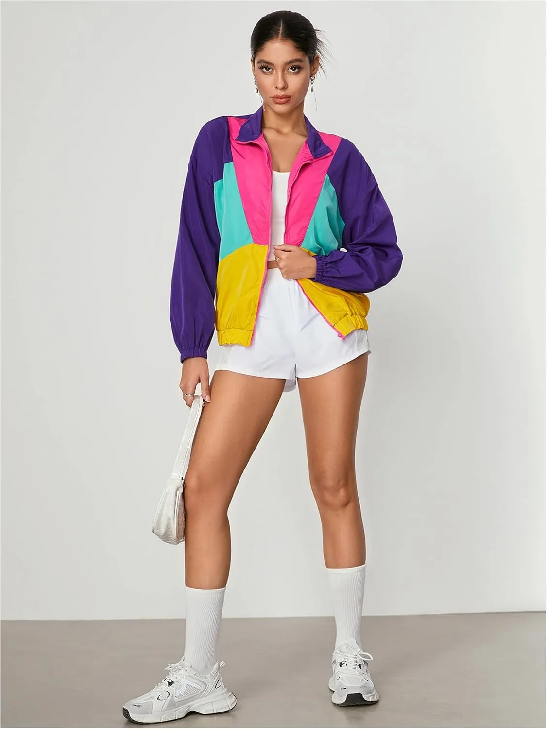 WDIRARA Women's Color Block Zip Up Lightweight Jacket Patchwork Sporty Windbreaker Jacket