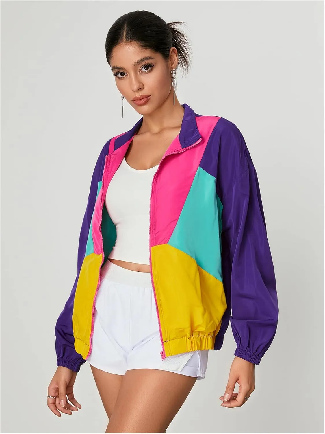 WDIRARA Women's Color Block Zip Up Lightweight Jacket Patchwork Sporty Windbreaker Jacket