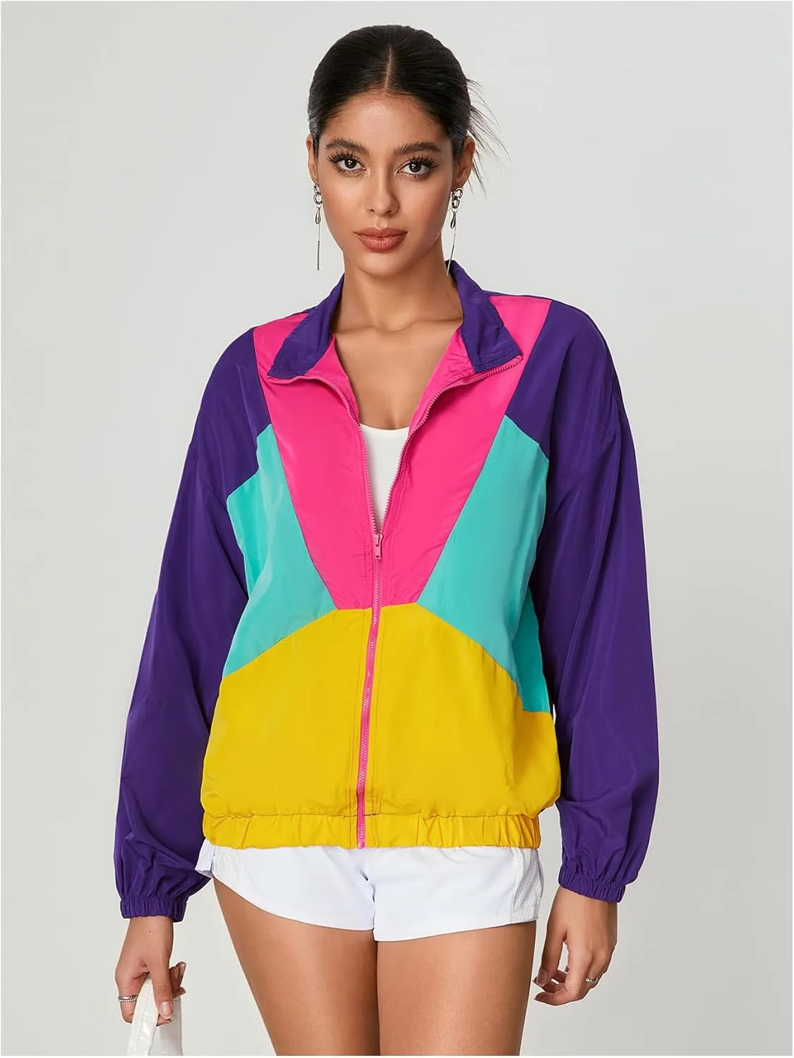WDIRARA Women's Color Block Zip Up Lightweight Jacket Patchwork Sporty Windbreaker Jacket