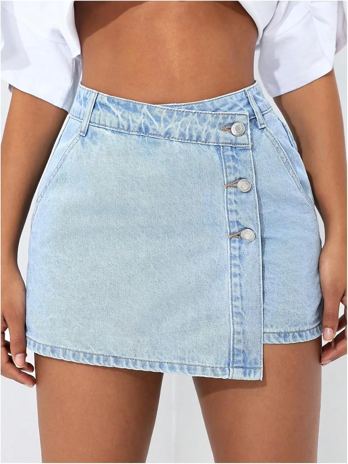 WDIRARA Women's Petite Button Front Wrap Asymmetrical Denim Skorts High Waisted Skirt Shorts