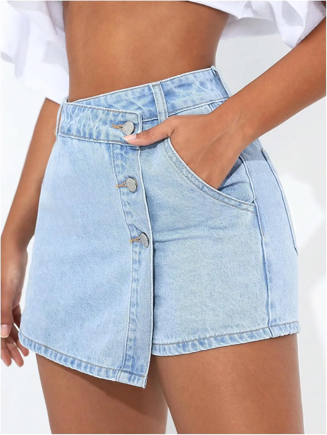 WDIRARA Women's Petite Button Front Wrap Asymmetrical Denim Skorts High Waisted Skirt Shorts