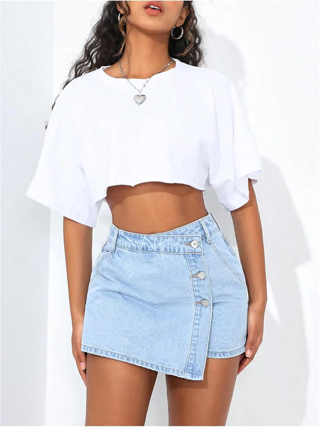 WDIRARA Women's Petite Button Front Wrap Asymmetrical Denim Skorts High Waisted Skirt Shorts