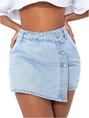WDIRARA Women's Petite Button Front Wrap Asymmetrical Denim Skorts High Waisted Skirt Shorts