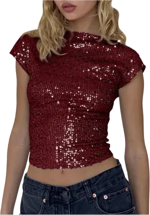 WDIRARA Women's Sequin Boat Neck Shirts Sparkle Glitter Backless Tee Cap Sleeve Crop Tops
