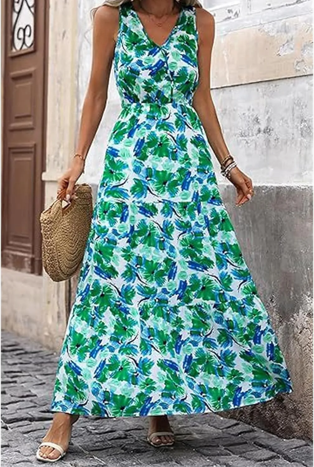 Wedding Guest Dress for Women Sleeveless V Neck Maxi Dress Elastic Waist Casual Floral Printed Summer Sundress 2025