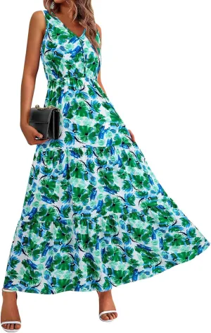 Wedding Guest Dress for Women Sleeveless V Neck Maxi Dress Elastic Waist Casual Floral Printed Summer Sundress 2025