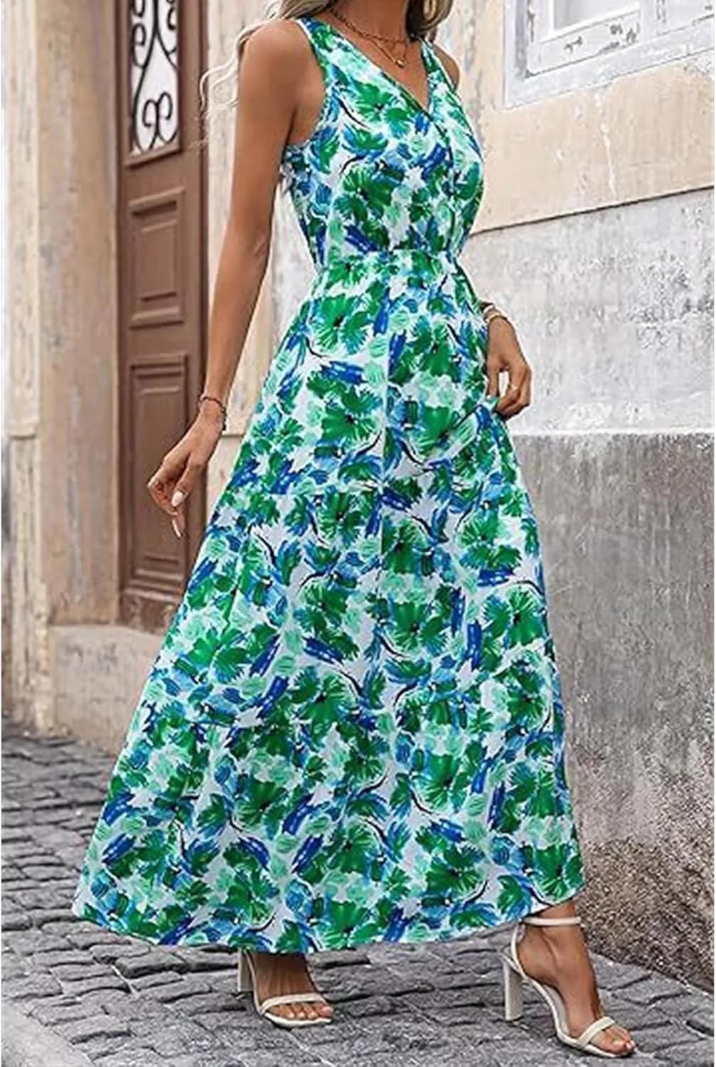 Wedding Guest Dress for Women Sleeveless V Neck Maxi Dress Elastic Waist Casual Floral Printed Summer Sundress 2025