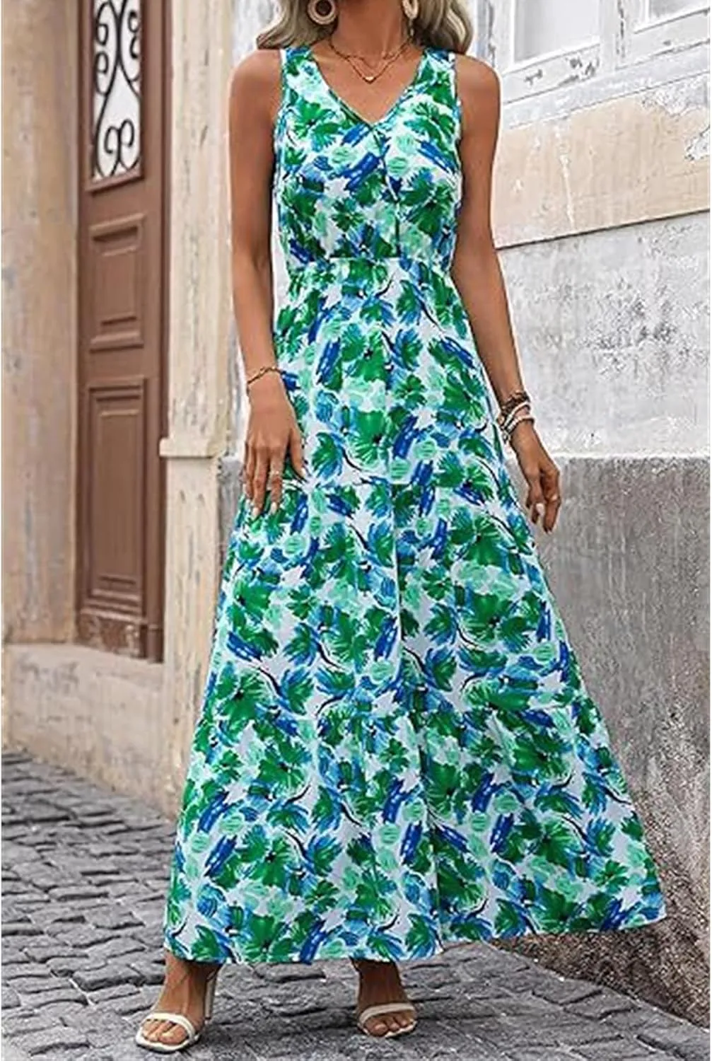 Wedding Guest Dress for Women Sleeveless V Neck Maxi Dress Elastic Waist Casual Floral Printed Summer Sundress 2025