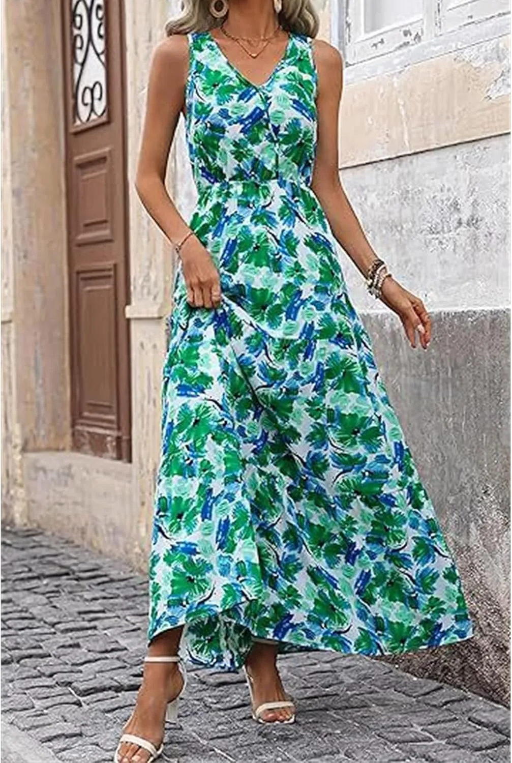 Wedding Guest Dress for Women Sleeveless V Neck Maxi Dress Elastic Waist Casual Floral Printed Summer Sundress 2025