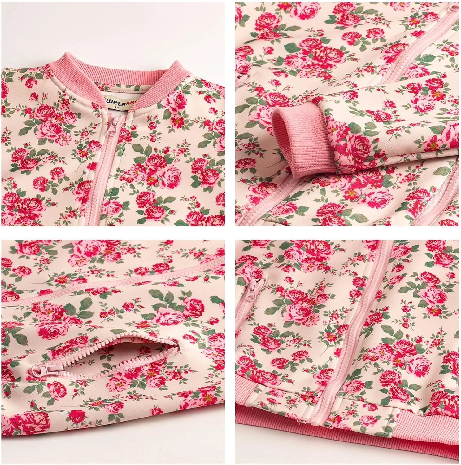 WELAKEN Girls Lightweight Bomber Jacket Floral Print Full Zip Outwear Jacket with Pockets