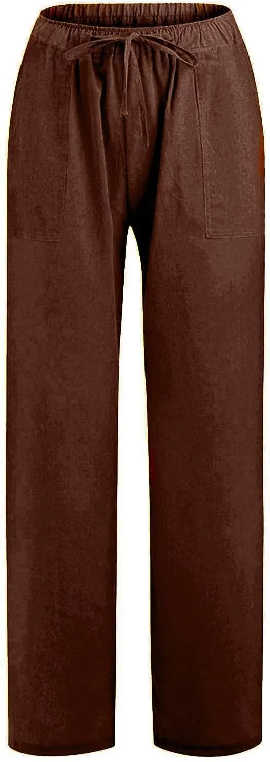 Wide Leg Linen Pants for Women Summer Casual Palazzo Flowy Boho Beach Pants Drawstring High Waist Palazzo Trousers
