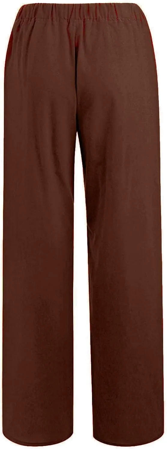 Wide Leg Linen Pants for Women Summer Casual Palazzo Flowy Boho Beach Pants Drawstring High Waist Palazzo Trousers