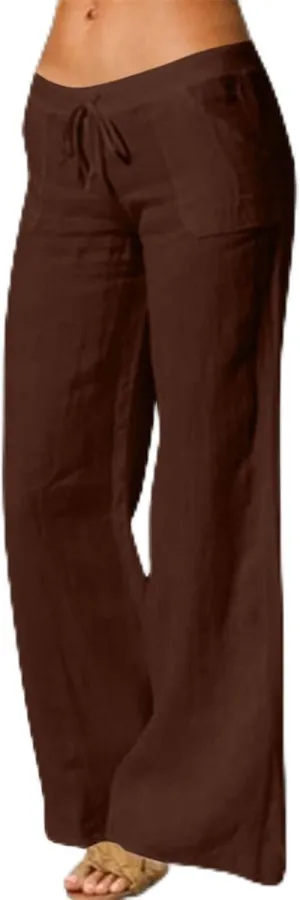 Wide Leg Linen Pants for Women Summer Casual Palazzo Flowy Boho Beach Pants Drawstring High Waist Palazzo Trousers